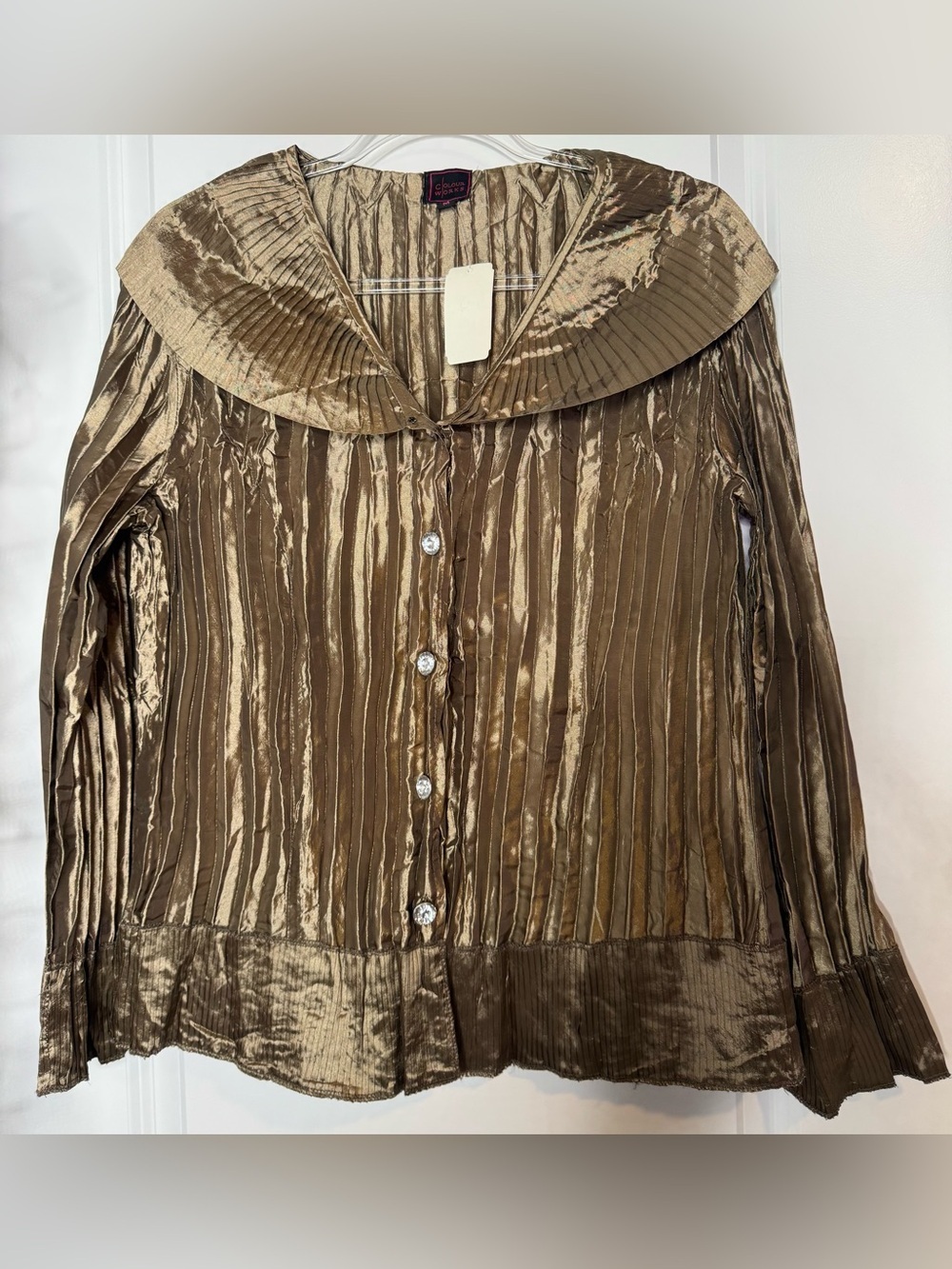 Colour works Metallic Taupe Pleated Button-Down Blouse with Wide Collar sz MD
